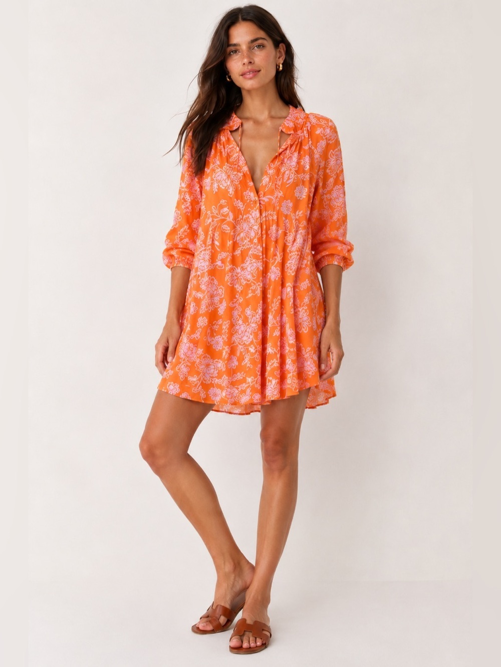 Xirena “Lola” dress in tropical orange and pink floral print mini length. XS